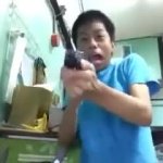 Dude gets scared and shoots the TV screen meme template