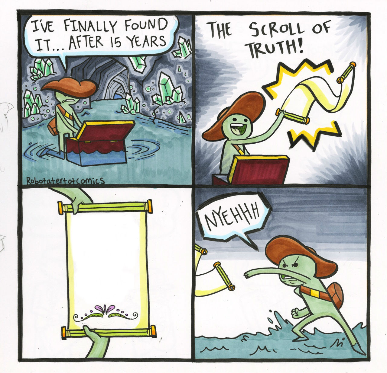 Man reading scroll and throwing it away meme