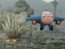 Plane flying from explosions meme template