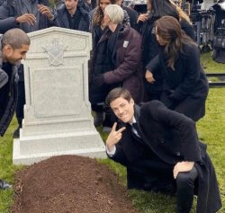 Grant Gustin over grave meme template