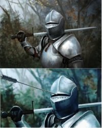 Knight with arrow in helmet meme template