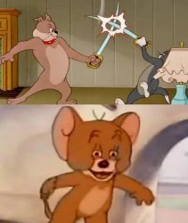 Tom and Spike fighting meme template